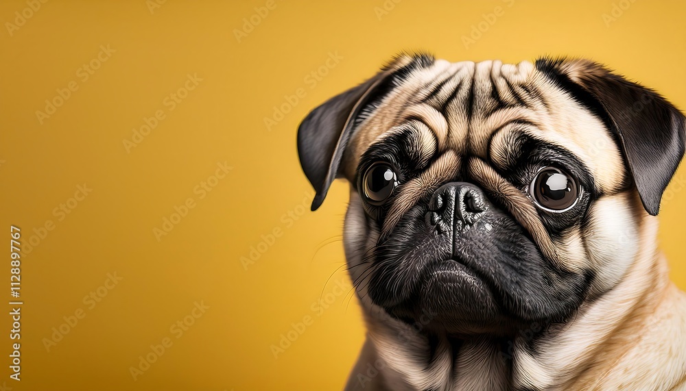 Close-up of a pug against a yellow background.