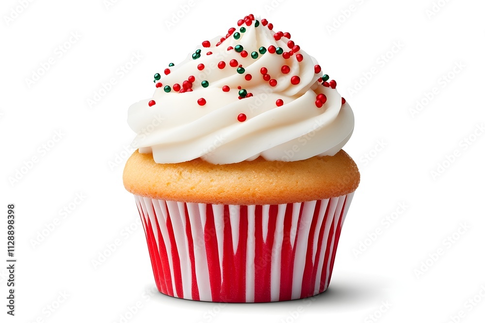 Delicious Vanilla Cupcake with Swirled Frosting and Festive Sprinkles on a White Background Delicious Vanilla Cupcake with Swirled Frosting and Festive Sprinkles on a White Background