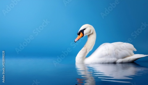 Elegant swan gliding on calm blue water.