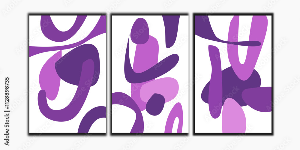 Set of 3 abstract organic shapes purple wall art. Mid century wall decoration poster. Set of 3 abstract organic shapes purple wall art. Mid century wall decoration poster.