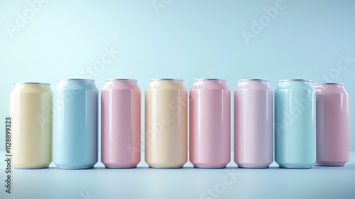 Row of pastel colored cans on blue background, minimalist concept