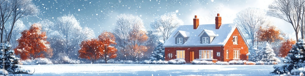 Winter banner, Charming Red-Brick House with Snowy Landscape and Clear Sky, Idyllic British Village Setting for Holiday Greetings, Real Estate Listings, Advertisements Winter banner, Charming Red-Brick House with Snowy Landscape and Clear Sky, Idyllic British Village Setting for Holiday Greetings, Real Estate Listings, Advertisements
