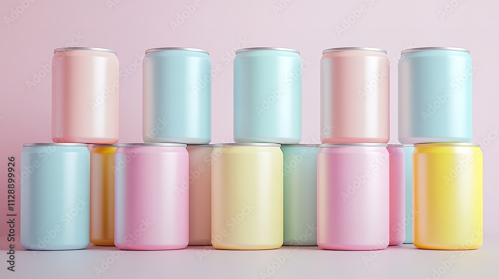 Assorted pastel paint cans arranged neatly against pink backdrop Assorted pastel paint cans arranged neatly against pink backdrop