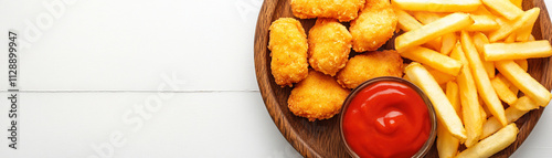 Crispy chicken nuggets with fries and ketchup on a wooden plate.