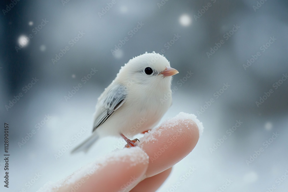 The smallest and cutest white bird with glossy black eyes perched on a fingertip, snow-covered background, soft light, and close-up angle 2 The smallest and cutest white bird with glossy black eyes perched on a fingertip, snow-covered background, soft light, and close-up angle 2