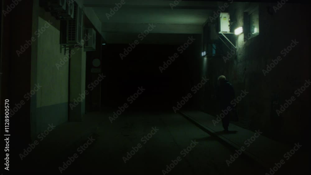 Dark creepy entrance, a parking tunnel at night with few poor lightning by dim fluorescent lamps. Woman figure walking by, on sidewalk. Green. Horror, scary, disturbing cinematic scene. Handheld. 