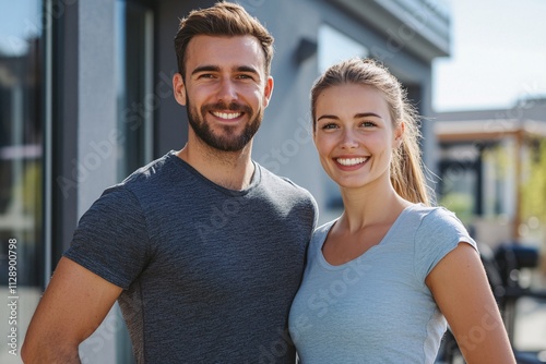 Joyful man and woman standing proudly in front of their gym and home service company, smiling confidently, casual clothing, sunny day, vibrant atmosphere, close-up 2