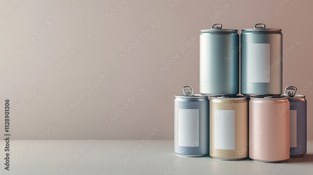 Array of pastel colored aluminum cans on neutral background