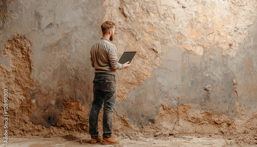 civil engineer examines construction site with laptop