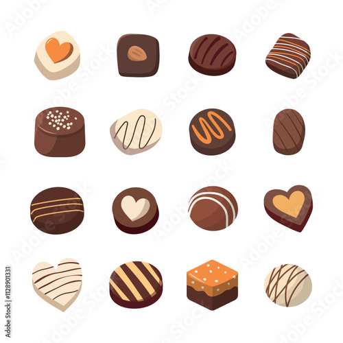 Dark and white chocolate candies collection. Vector set of chocolate sweets and desserts. Isolated on white background.