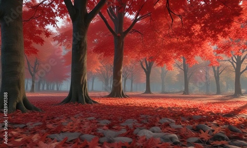 Crimson red maples glow in the fading light of day amidst fallen leaves, tree leaves, warm light, maple trees