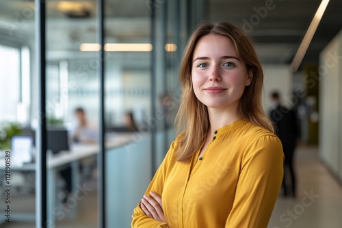 Focused saleswoman in a mustard blouse, working in a sleek office with natural light, glass walls, desks, colleagues in the background, professional expression, vibrant and confident 4