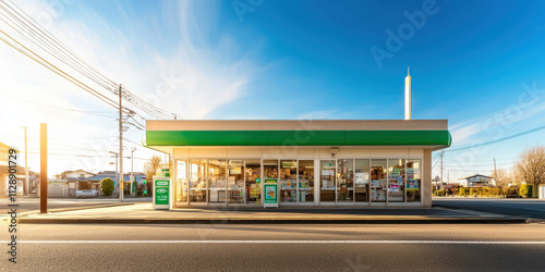 compact convenience store with clean exterior and bright sky