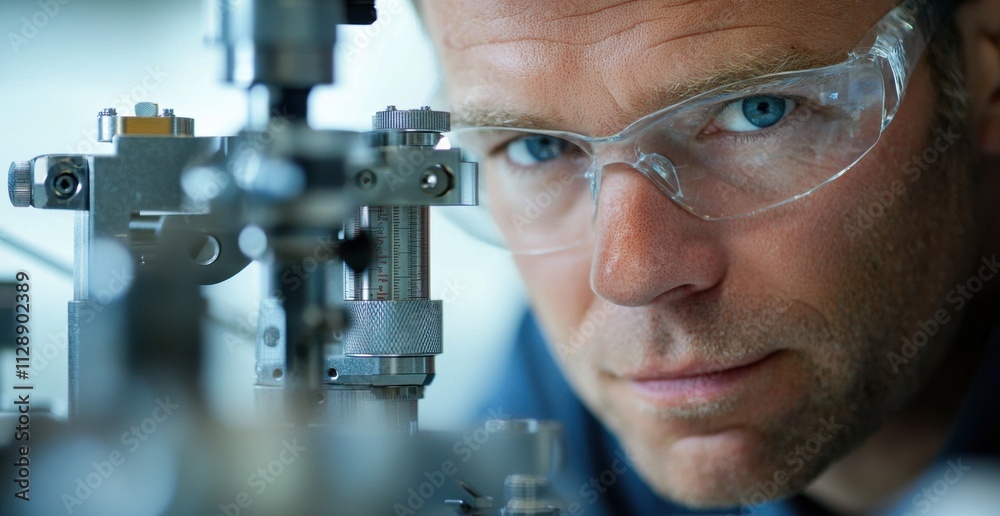 Close-up of an engineer examining machinery with intense concentration Close-up of an engineer examining machinery with intense concentration