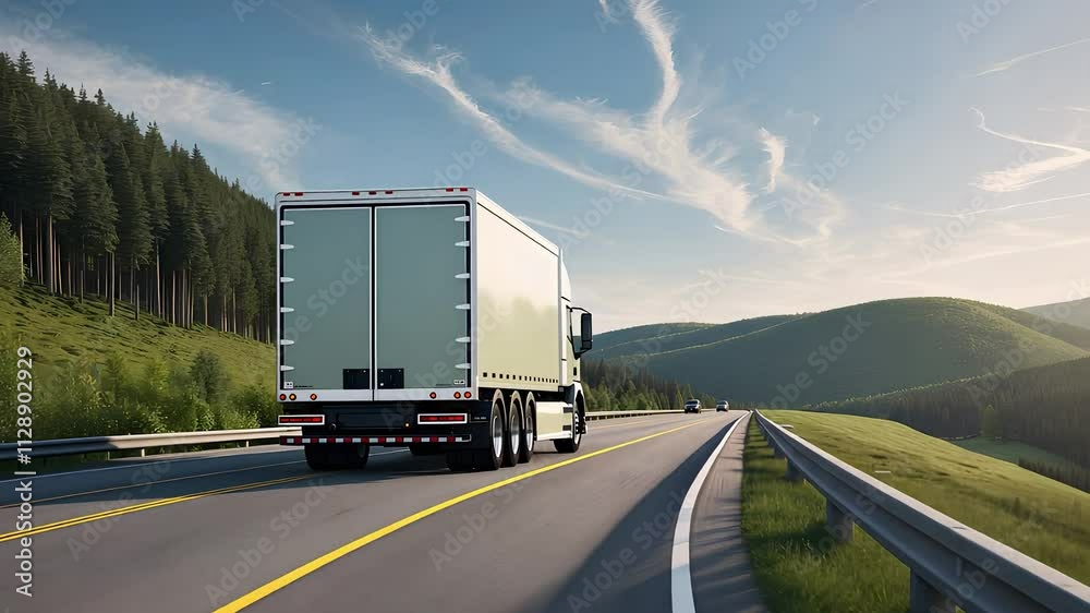 Freight Truck Driving on Scenic Highway Through Rolling Hills and Forested Landscape
Freight Truck Driving on Scenic Highway Through Rolling Hills and Forested Landscape