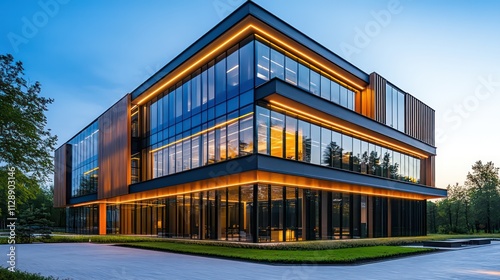 Modern architectural building with glass facade and illuminated design at dusk.