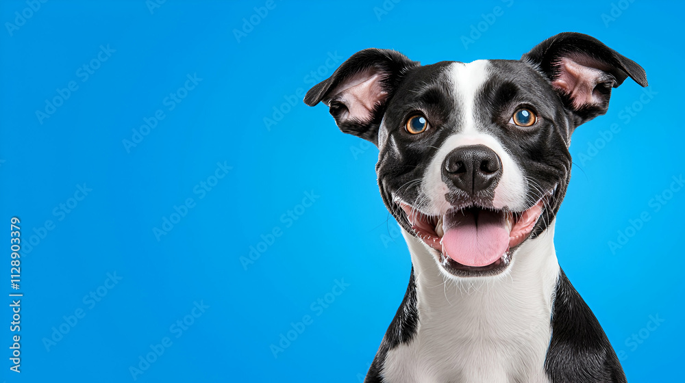 Happy black and white dog against a vibrant blue background, showcasing a friendly expression and bright eyes. Happy black and white dog against a vibrant blue background, showcasing a friendly expression and bright eyes.