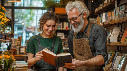 friendly bookshop owner recommending title to customer