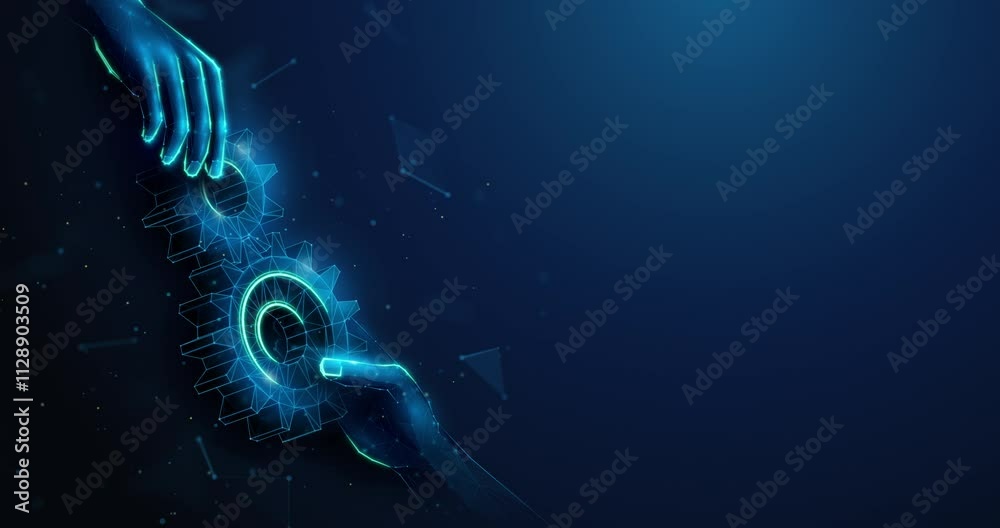 Abstract animation of two low poly hands approaching spinning gears. Synergy partnership and industry teamwork, service development and setup, tech support and maintenance concept by wireframe mesh