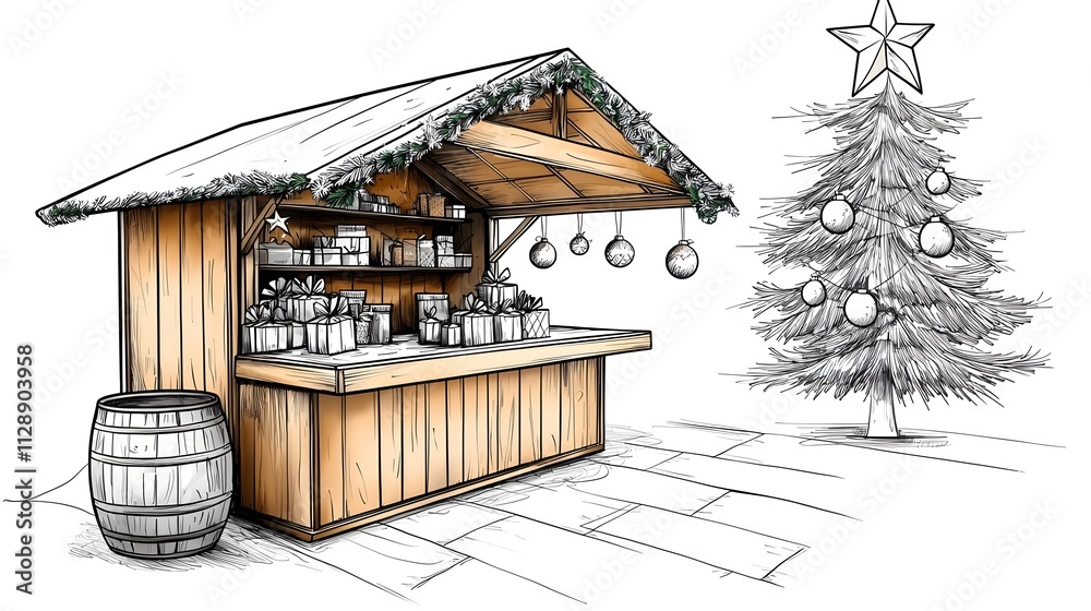 Cozy wooden market stall with Christmas gifts and a decorated tree in a festive winter scene Cozy wooden market stall with Christmas gifts and a decorated tree in a festive winter scene
