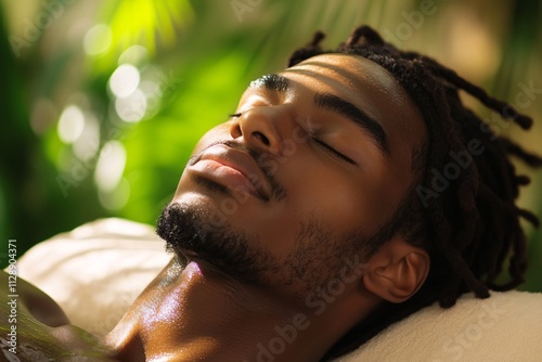 A young man with dark skin and dreadlocks, eyes closed, enjoying a facial massage in a tropical-themed massage room with soft natural lighting 1 photo