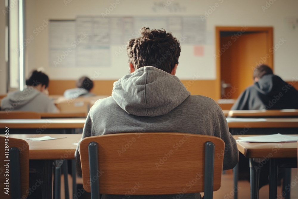 A young man seen from the back, wearing a hoodie, seated at a wooden desk in a college classroom, deeply engaged in writing during an exam 2 A young man seen from the back, wearing a hoodie, seated at a wooden desk in a college classroom, deeply engaged in writing during an exam 2