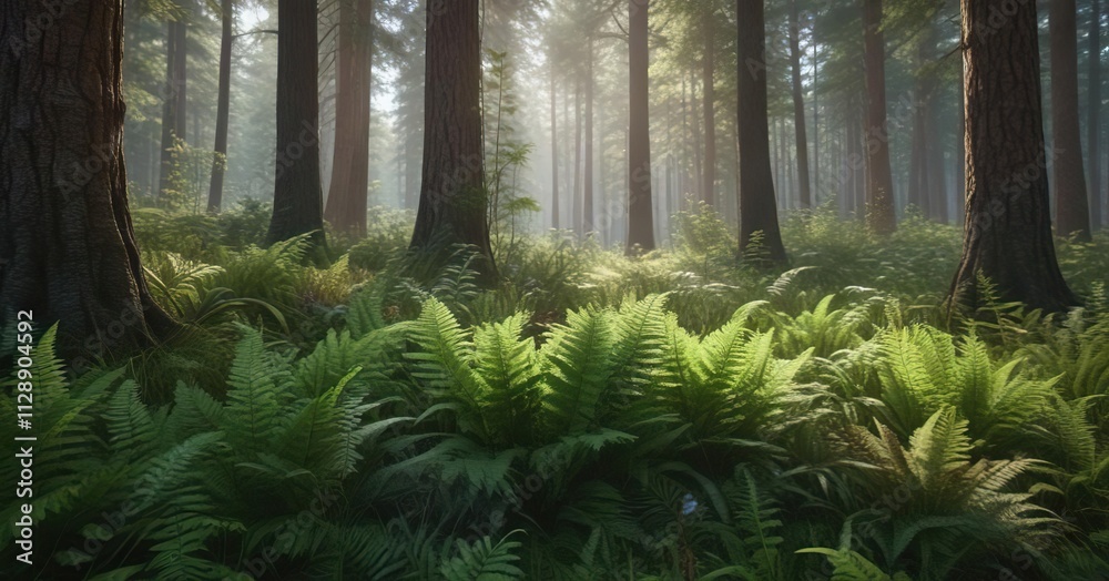 Fototapeta premium Ferns and wildflowers growing in a shaded clearing under long leaf pines, subtropical woodland, dense undergrowth