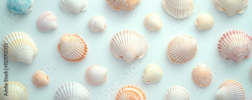 A collection of pastel-colored seashells arranged on a light background, showcasing various shapes and subtle textures in a soothing, aesthetically pleasing pattern.