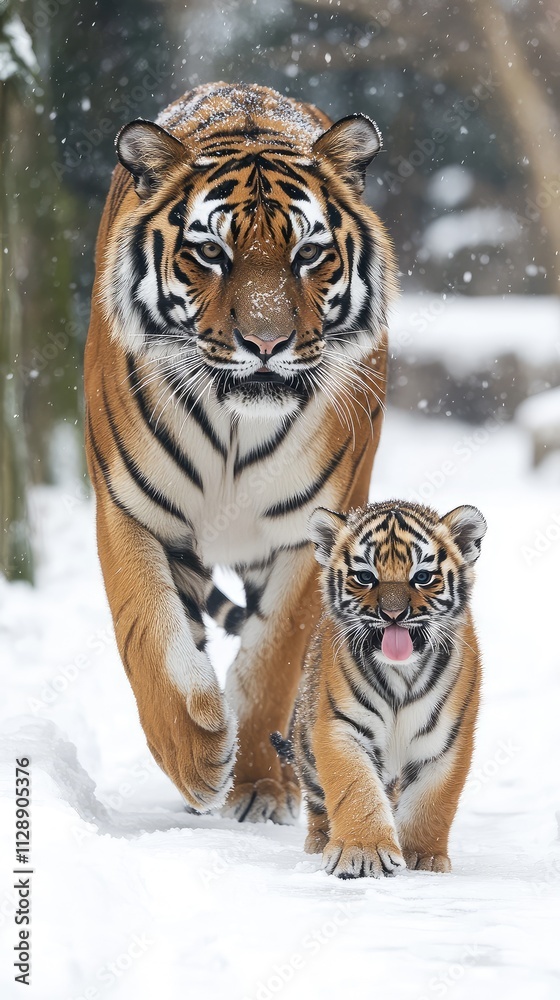 Obraz premium An adult northeastern tiger walks alongside its adorable cub, both enjoying a snowy day with falling flakes