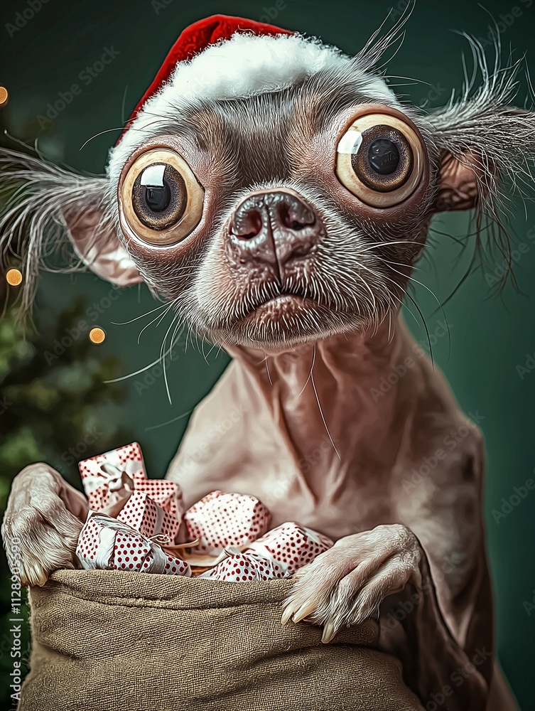 Dog in Santa's hat with a bag of gifts