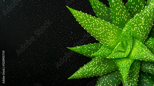 Lush green aloe vera plant against a dark background, showcasing its textured leaves and droplets of water.