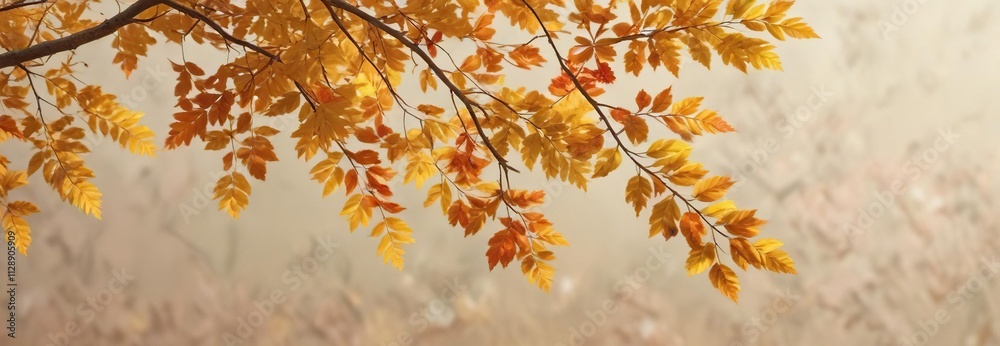 An entire branch covered in vibrant autumn gold leaves against a soft pastel background, nature photography, autumn gold branch, fall landscape An entire branch covered in vibrant autumn gold leaves against a soft pastel background, nature photography, autumn gold branch, fall landscape