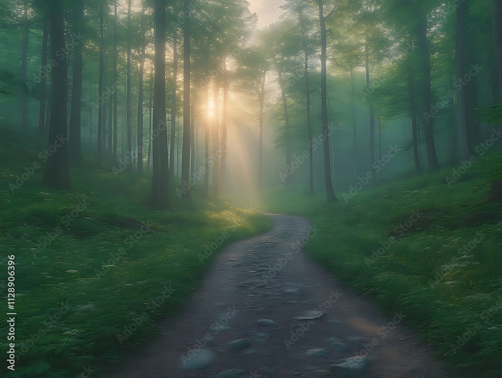 Sunlit Path Through Misty Green Forest Sunlit Path Through Misty Green Forest