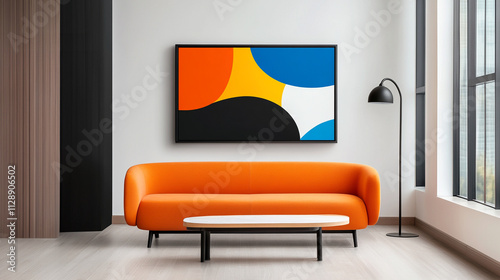 Modern living room with orange sofa and abstract wall art.