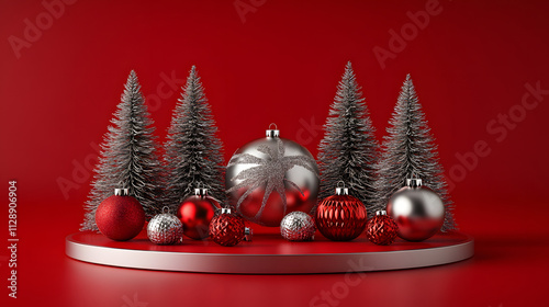 Festive Silver and Red Christmas Ornament Display photo