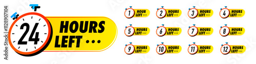 Countdown hours left vector 1,2,3,4,5,6,7,8,9,10,12,24 badges set coorful style for social media post, promotion, promo offer