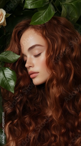 Woman with long curly hair resting against green leaves in a tranquil natural setting photo