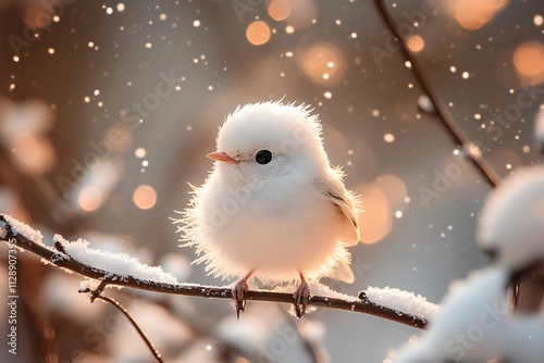 A tiny white bird with sparkling black eyes and fluffy feathers, perched on a twig surrounded by snowflakes, glowing light, macro perspective 3 photo