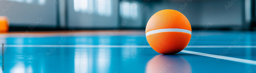 Orange ball on blue indoor court with white stripes, close-up view. Orange ball on blue indoor court with white stripes, close-up view.