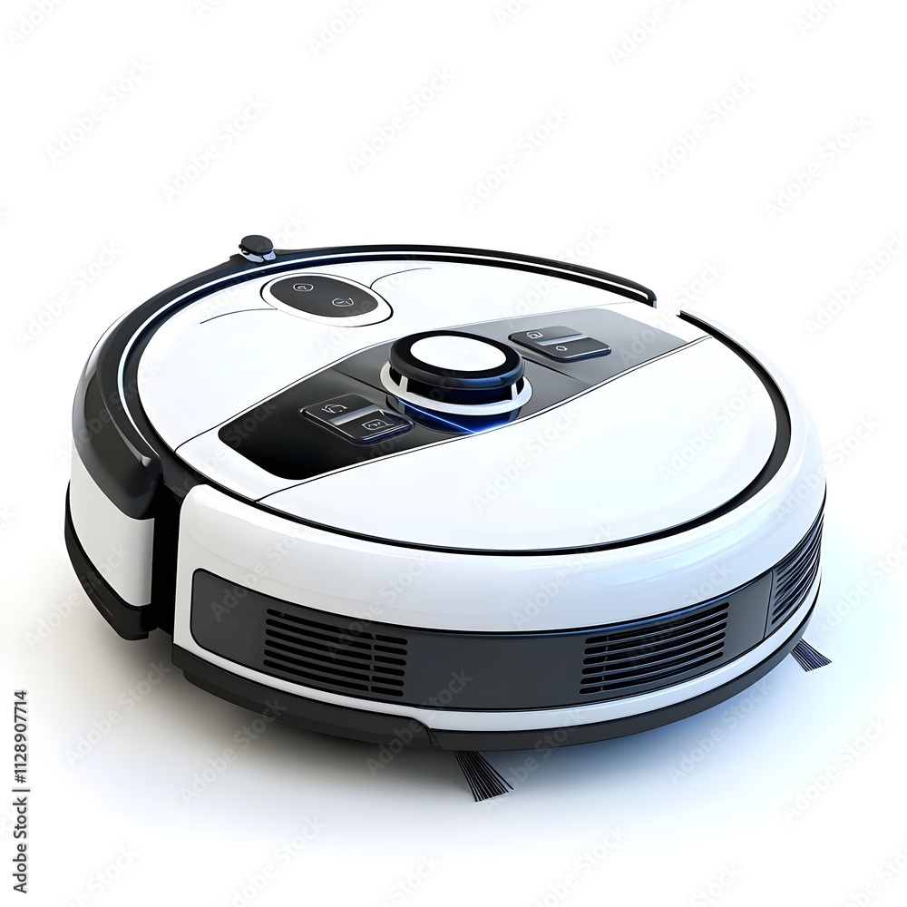 Smart Home Robot Vacuum Cleaner on White Background for Modern House Cleaning Solutions and Automation Smart Home Robot Vacuum Cleaner on White Background for Modern House Cleaning Solutions and Automation