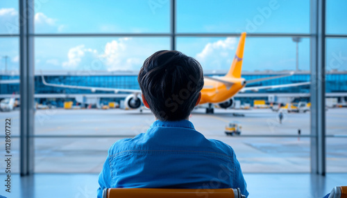 Person looking at airplane through airport window, ready for journey.