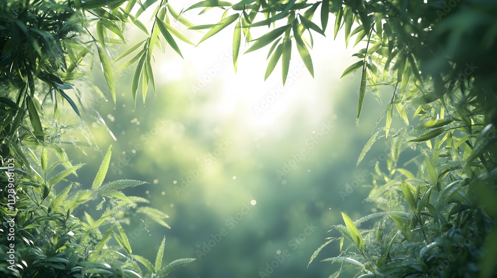 Misty bamboo forest creates serene oriental atmosphere with fresh green leaves, dappled sunlight filtering through dense stalks in peaceful natural composition with morning fog.