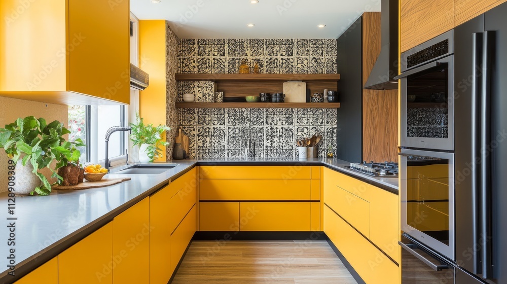 Bright modern kitchen with mustard yellow cabinets, matte black appliances, and intricate geometric tiles creating a lively yet refined space Bright modern kitchen with mustard yellow cabinets, matte black appliances, and intricate geometric tiles creating a lively yet refined space