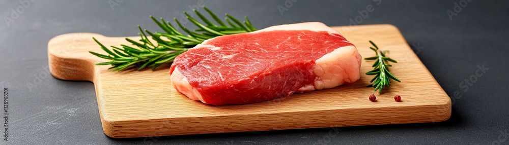 Raw steak with rosemary on a cutting board, ready for cooking.