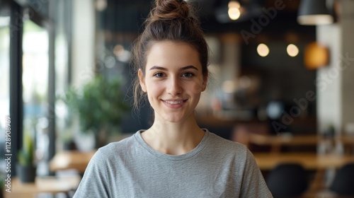 Portrait of a Smiling Young Woman in a Cafe
