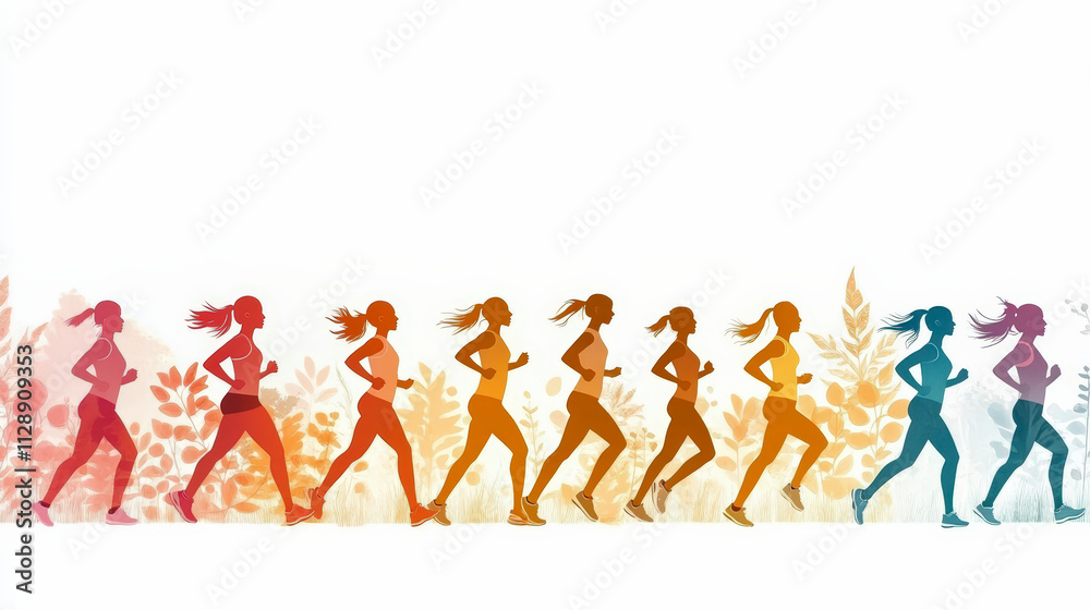 Colorful silhouettes of a person running, with a background of leaves and flowers, illustrating movement and activity in a vibrant design. Colorful silhouettes of a person running, with a background of leaves and flowers, illustrating movement and activity in a vibrant design.