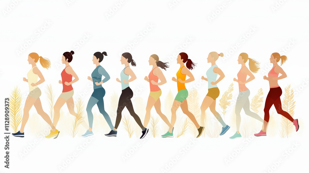 A group of diverse women jogging together, wearing colorful athletic outfits, set against a minimalist background with subtle leaf motifs.
