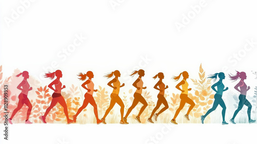 Colorful silhouettes of a person running, with a background of leaves and flowers, illustrating movement and activity in a vibrant design.