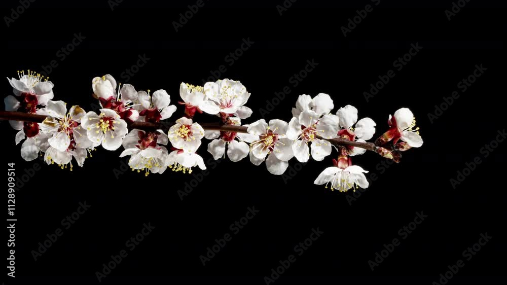 Apricot Flower on a Spring Tree Branch Blossoming in Time Lapse on a Black Background. Spring Flowers Opening in Timelapse. Blooming Backdrop