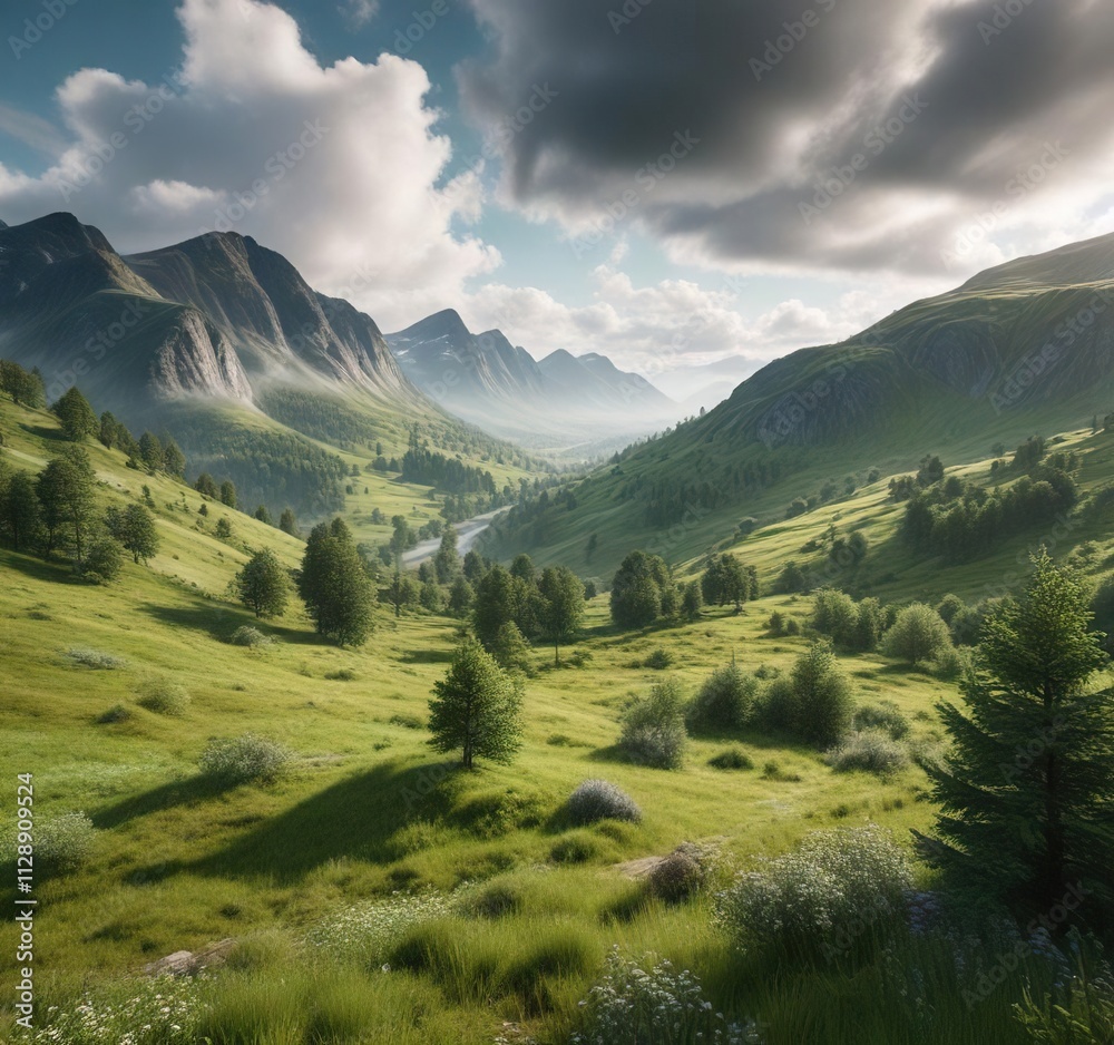 Fototapeta premium Rolling hills and lush green forests in a Norwegian valley with misty clouds, valleys, grasslands